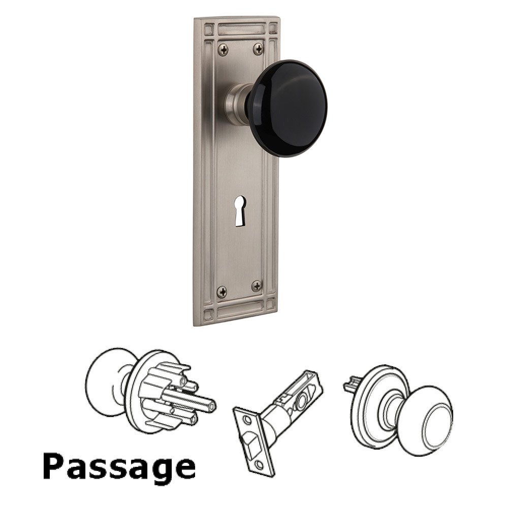 Nostalgic Warehouse Passage Mission Plate with Keyhole and Black Porcelain Door Knob in Satin Nickel