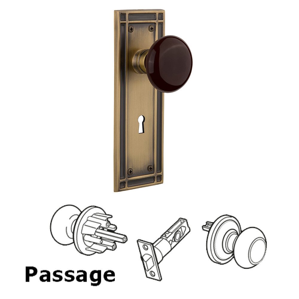 Nostalgic Warehouse Passage Mission Plate with Keyhole and Brown Porcelain Door Knob in Antique Brass