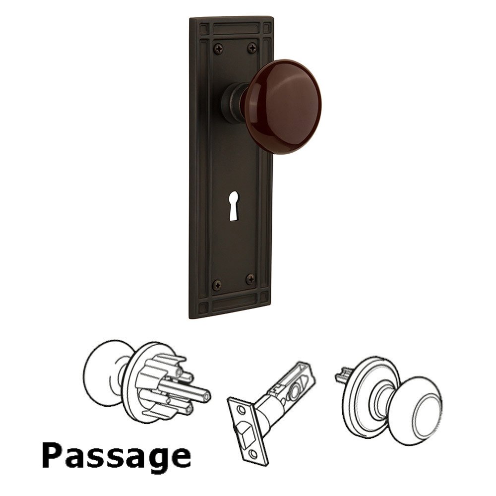 Nostalgic Warehouse Passage Mission Plate with Brown Porcelain Knob and Keyhole in Oil Rubbed Bronze