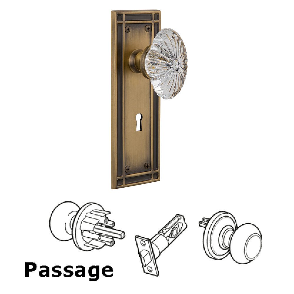 Nostalgic Warehouse Passage Mission Plate with Keyhole and Oval Fluted Crystal Glass Door Knob in Antique Brass