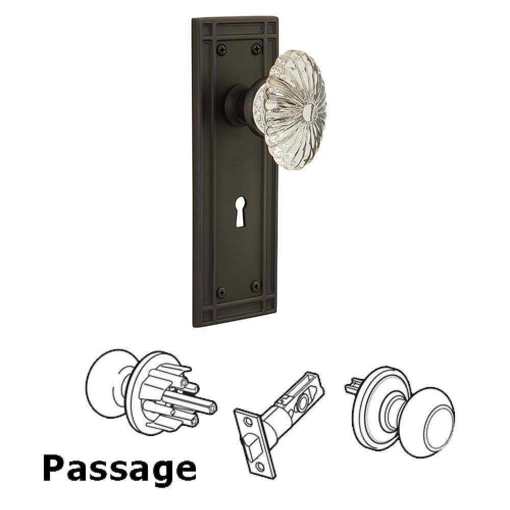Nostalgic Warehouse Passage Mission Plate with Keyhole and Oval Fluted Crystal Glass Door Knob in Oil-Rubbed Bronze