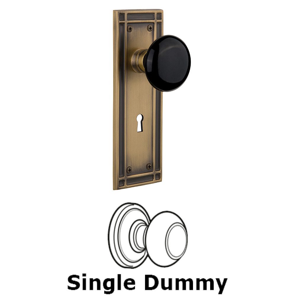 Nostalgic Warehouse Single Dummy Mission Plate with Black Porcelain Knob and Keyhole in Antique Brass