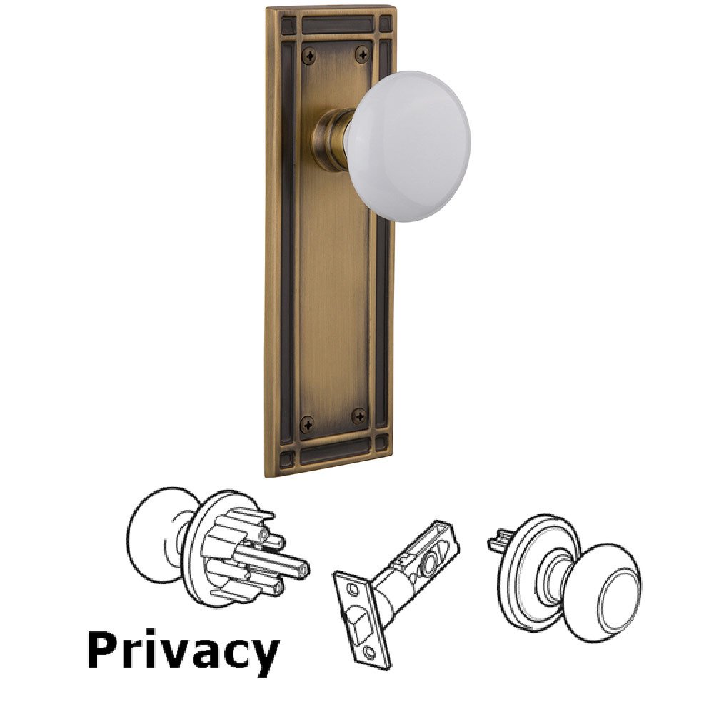 Nostalgic Warehouse Privacy Mission Plate with White Porcelain Knob in Antique Brass