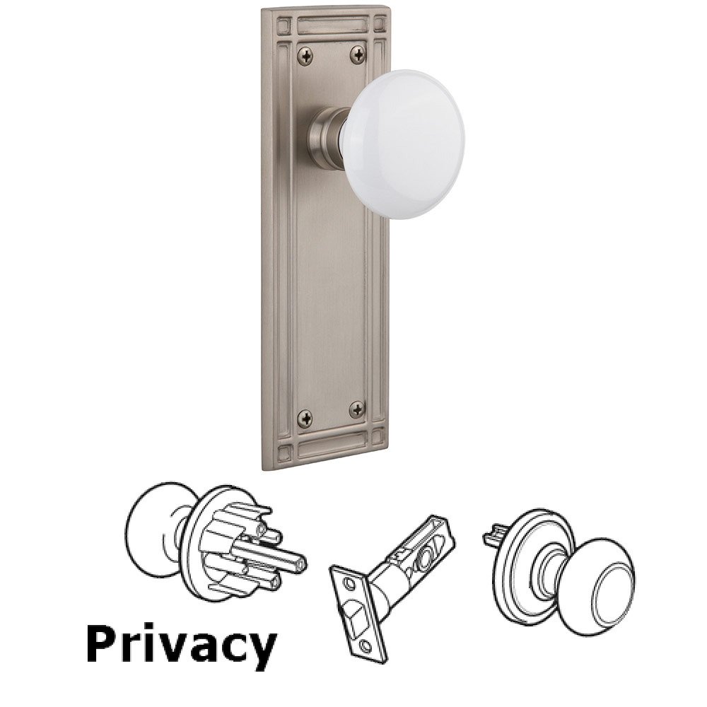 Nostalgic Warehouse Privacy Mission Plate with White Porcelain Knob in Satin Nickel