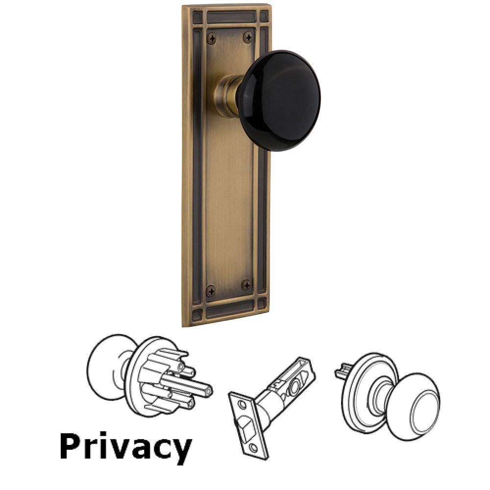 Nostalgic Warehouse Privacy Mission Plate with Black Porcelain Knob in Antique Brass