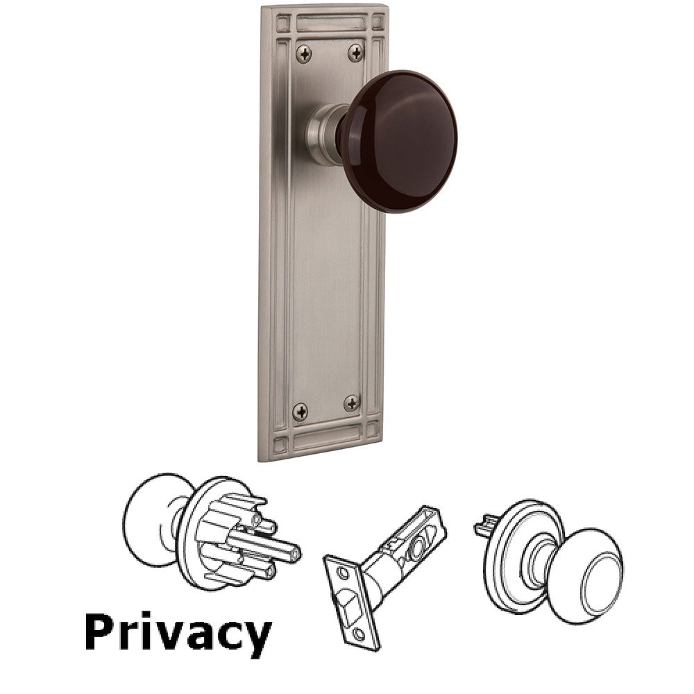 Nostalgic Warehouse Privacy Mission Plate with Brown Porcelain Door Knob in Satin Nickel