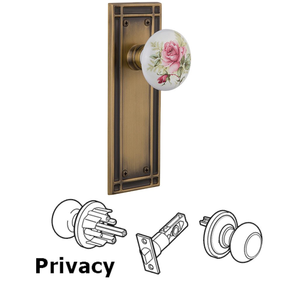 Nostalgic Warehouse Privacy Mission Plate with White Rose Porcelain Door Knob in Antique Brass