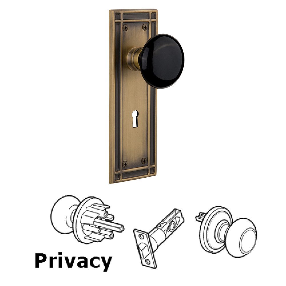 Nostalgic Warehouse Privacy Mission Plate with Keyhole and Black Porcelain Door Knob in Antique Brass