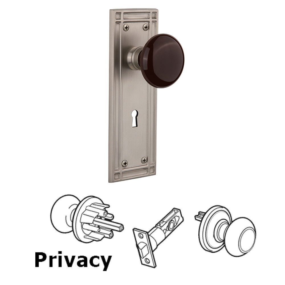 Nostalgic Warehouse Privacy Mission Plate with Brown Porcelain Knob and Keyhole in Satin Nickel