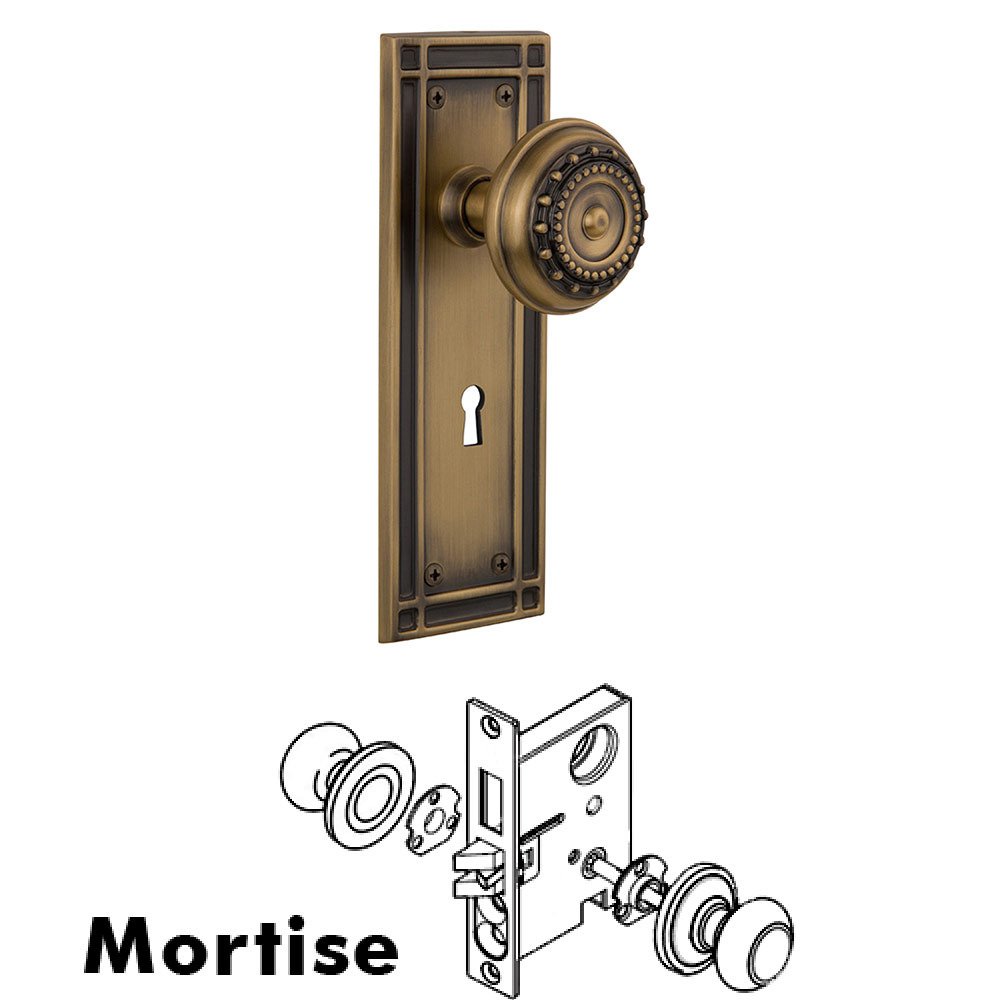 Nostalgic Warehouse Mortise Mission Plate with Meadows Knob and Keyhole in Antique Brass