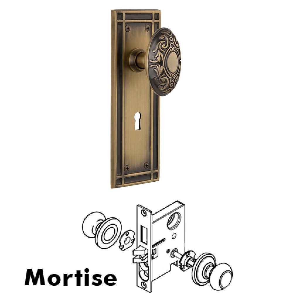 Nostalgic Warehouse Mortise Mission Plate with Victorian Knob and Keyhole in Antique Brass