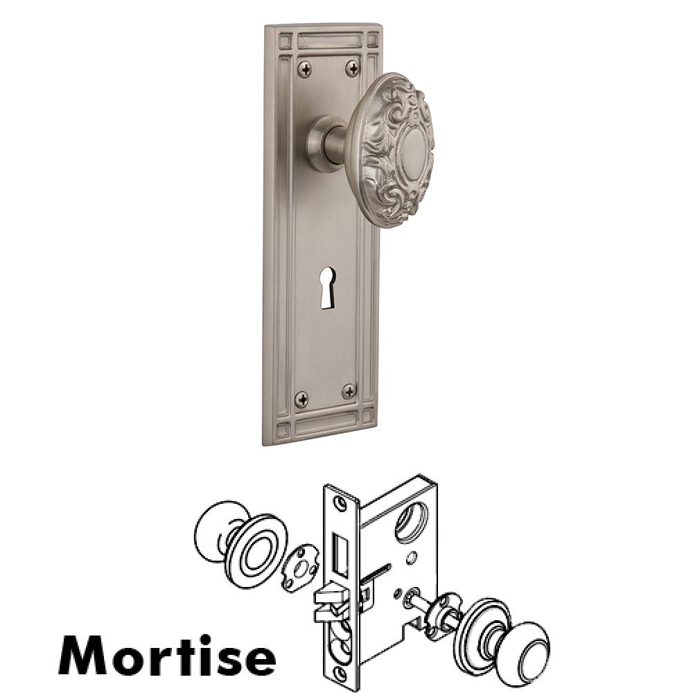 Nostalgic Warehouse Mortise Mission Plate with Victorian Knob and Keyhole in Satin Nickel