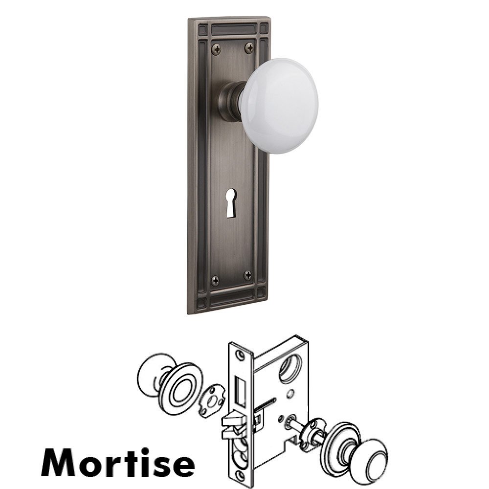 Nostalgic Warehouse Mortise Mission Plate with White Porcelain Knob and Keyhole in Antique Pewter
