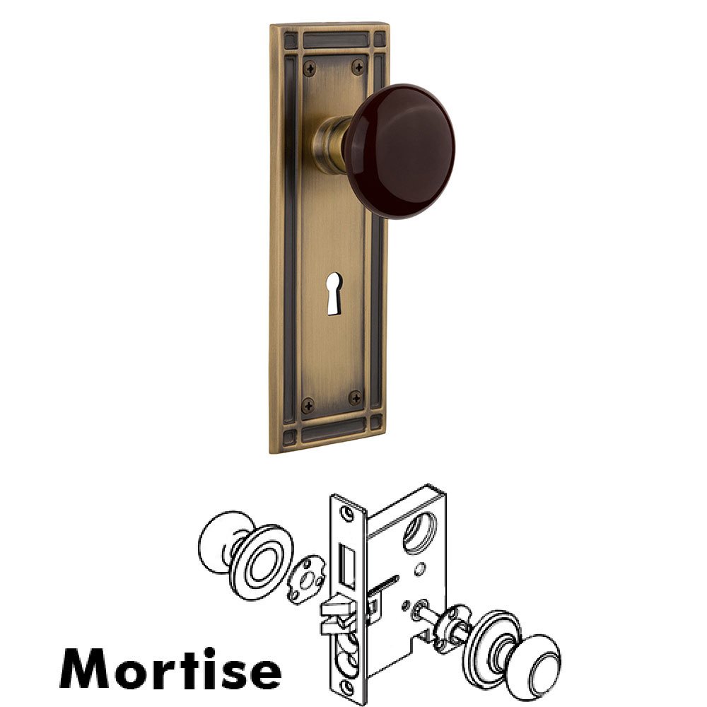 Nostalgic Warehouse Mortise Mission Plate with Brown Porcelain Knob and Keyhole in Antique Brass