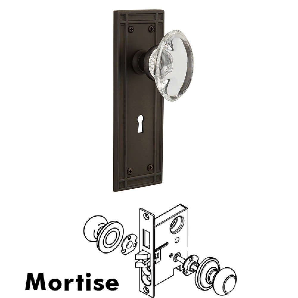 Nostalgic Warehouse Mortise Mission Plate with Oval Clear Crystal Knob and Keyhole in Oil Rubbed Bronze