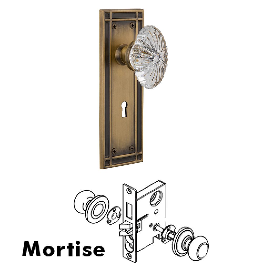 Nostalgic Warehouse Mortise Mission Plate with Oval Fluted Crystal Knob and Keyhole in Antique Brass