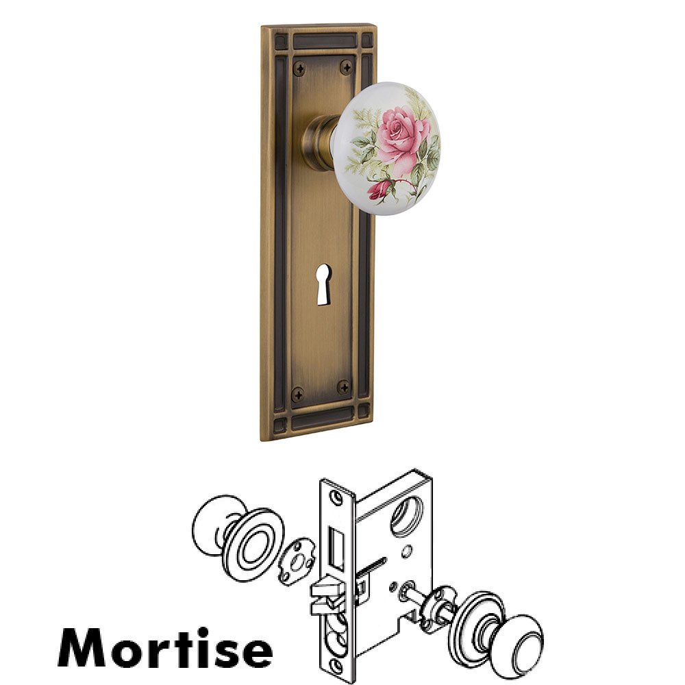 Nostalgic Warehouse Mortise Mission Plate with White Rose Porcelain Knob and Keyhole in Antique Brass