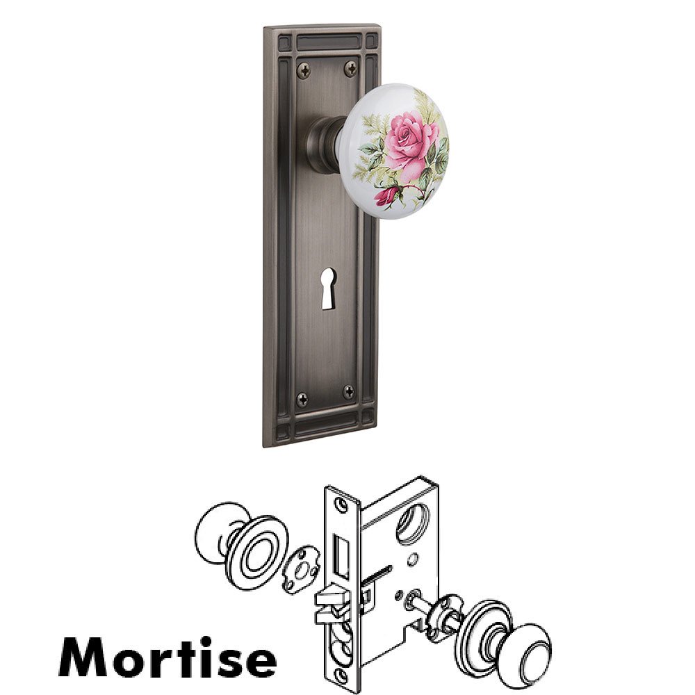 Nostalgic Warehouse Mortise Mission Plate with White Rose Porcelain Knob and Keyhole in Antique Pewter