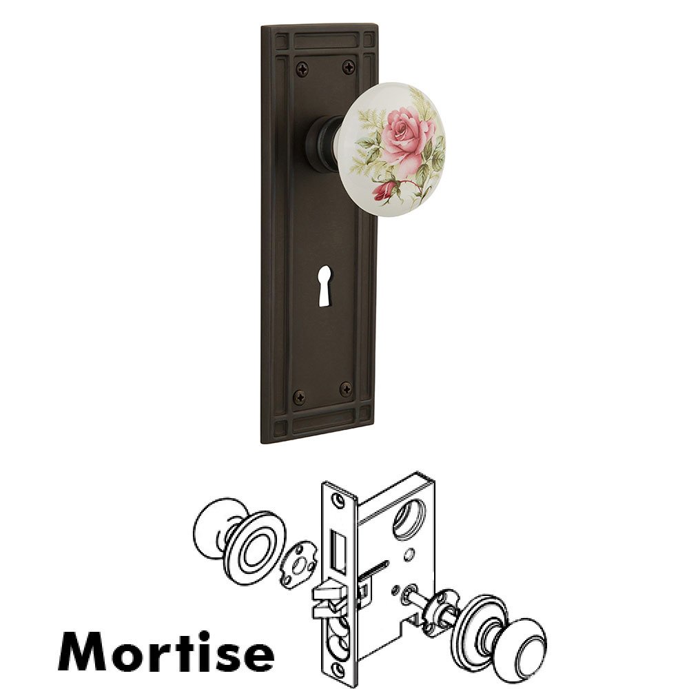 Nostalgic Warehouse Mortise Mission Plate with White Rose Porcelain Knob and Keyhole in Oil Rubbed Bronze