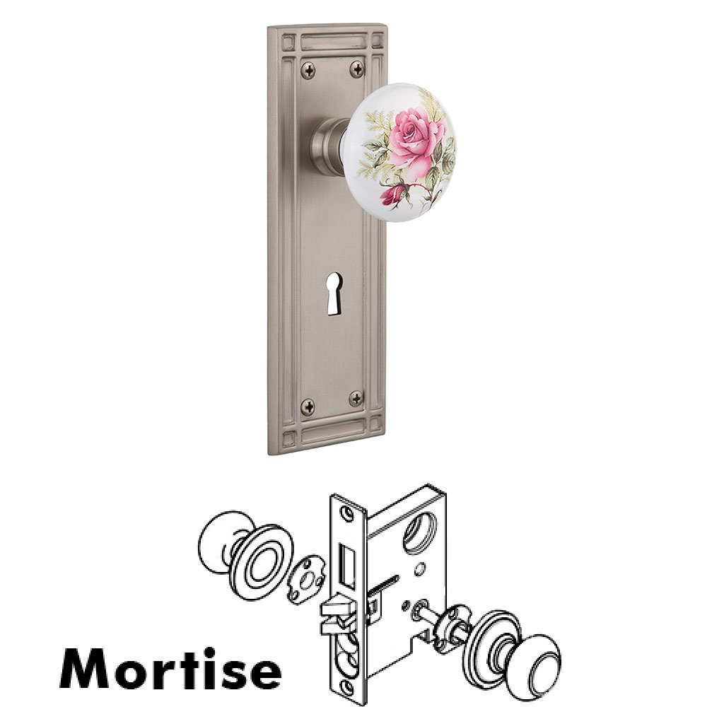 Nostalgic Warehouse Mortise Mission Plate with White Rose Porcelain Knob and Keyhole in Satin Nickel