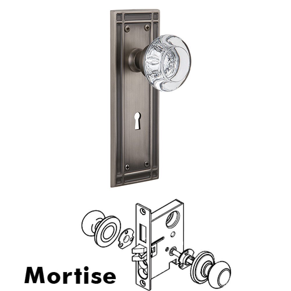 Nostalgic Warehouse Mortise Mission Plate with Round Clear Crystal Knob and Keyhole in Antique Pewter