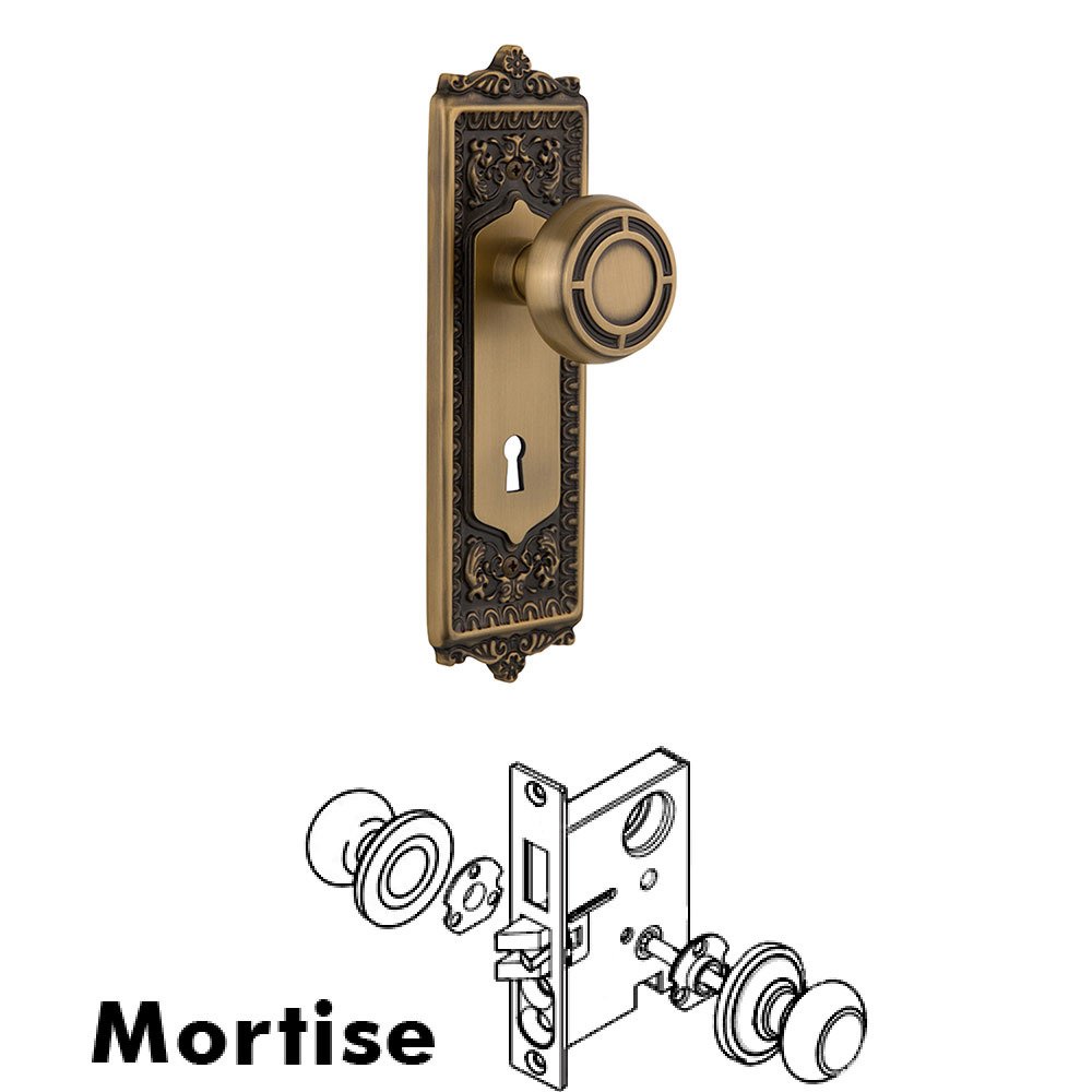 Nostalgic Warehouse Mortise Egg and Dart Plate with Mission Knob and Keyhole in Antique Brass
