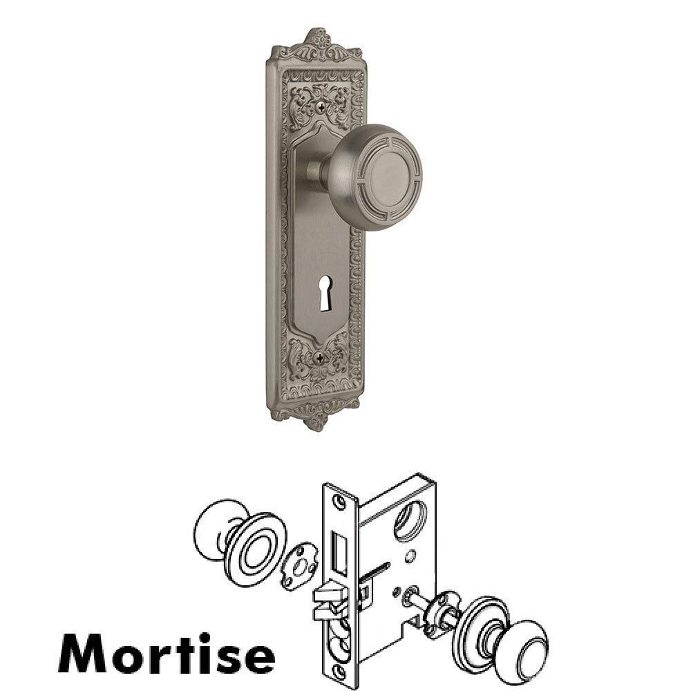 Nostalgic Warehouse Mortise Egg and Dart Plate with Mission Knob and Keyhole in Satin Nickel