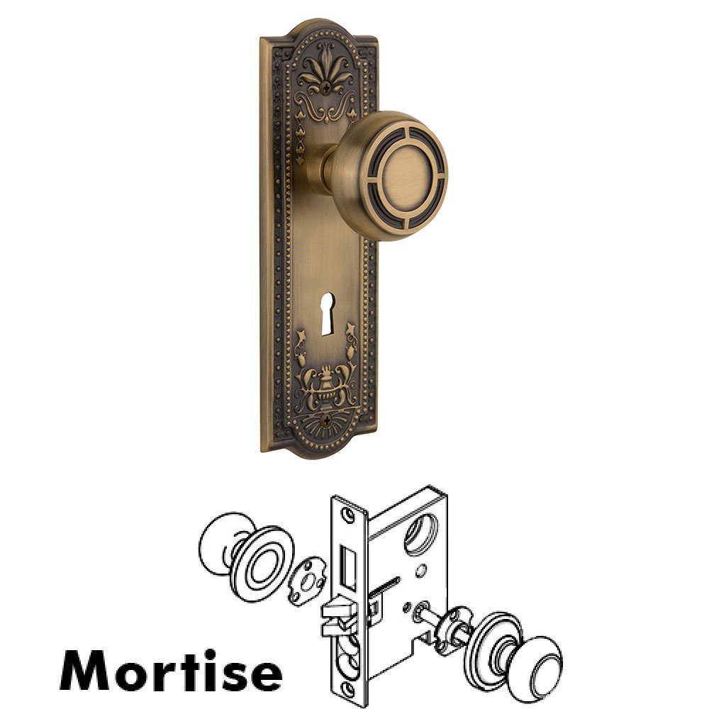 Nostalgic Warehouse Mortise Meadows Plate with Mission Knob and Keyhole in Antique Brass