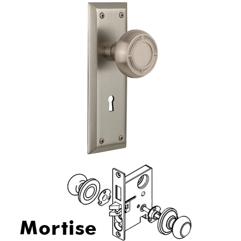 Nostalgic Warehouse Mortise New York Plate with Mission Knob and Keyhole in Satin Nickel
