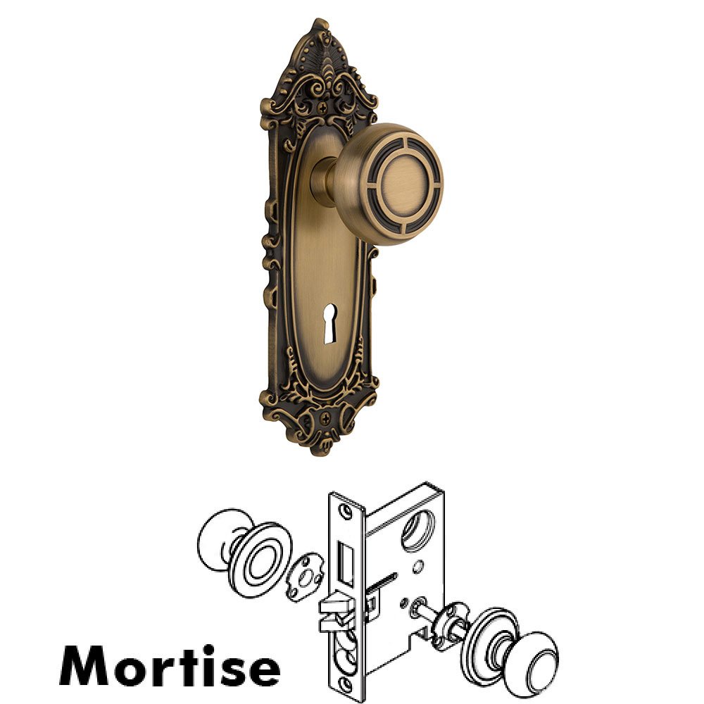 Nostalgic Warehouse Mortise Victorian Plate with Mission Knob and Keyhole in Antique Brass