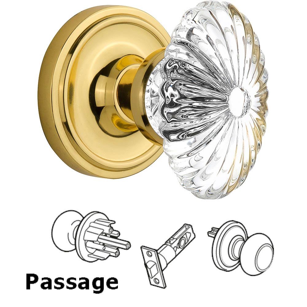 Nostalgic Warehouse Passage Classic Rosette with Oval Fluted Crystal Knob in Unlacquered Brass