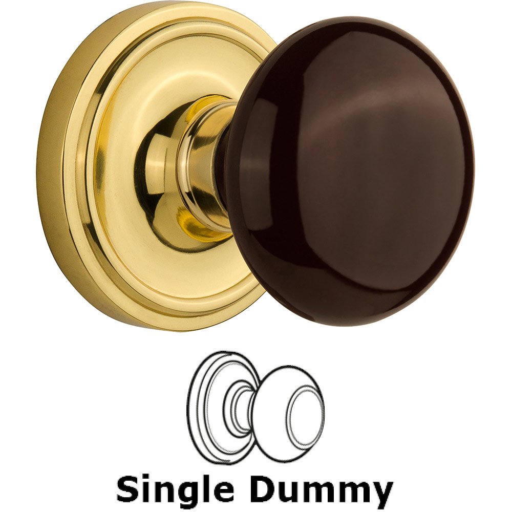 Nostalgic Warehouse Single Dummy Classic Rosette with Brown Porcelain Knob in Unlacquered Brass
