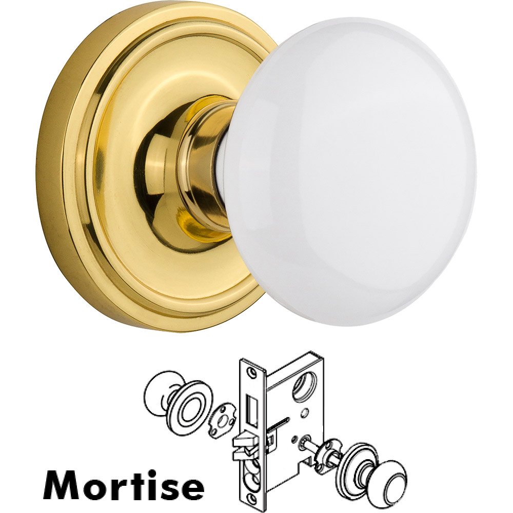 Nostalgic Warehouse Mortise Classic Rosette with White Porcelain Knob and Keyhole in Unlacquered Brass