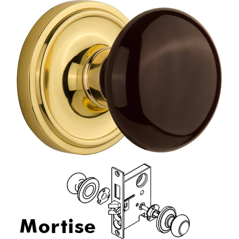 Nostalgic Warehouse Mortise Classic Rosette with Brown Porcelain Knob and Keyhole in Unlacquered Brass
