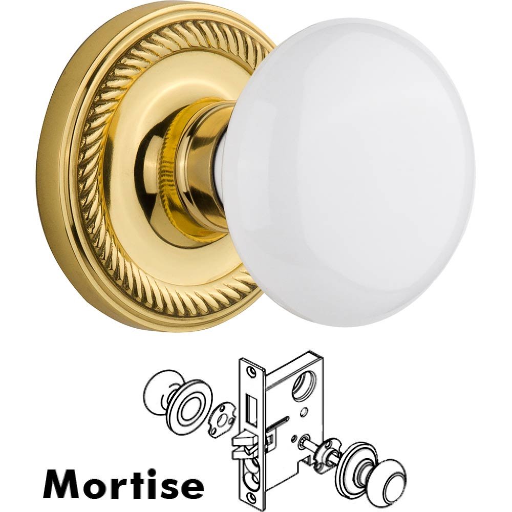 Nostalgic Warehouse Mortise Rope Rosette with White Porcelain Knob and Keyhole in Unlacquered Brass