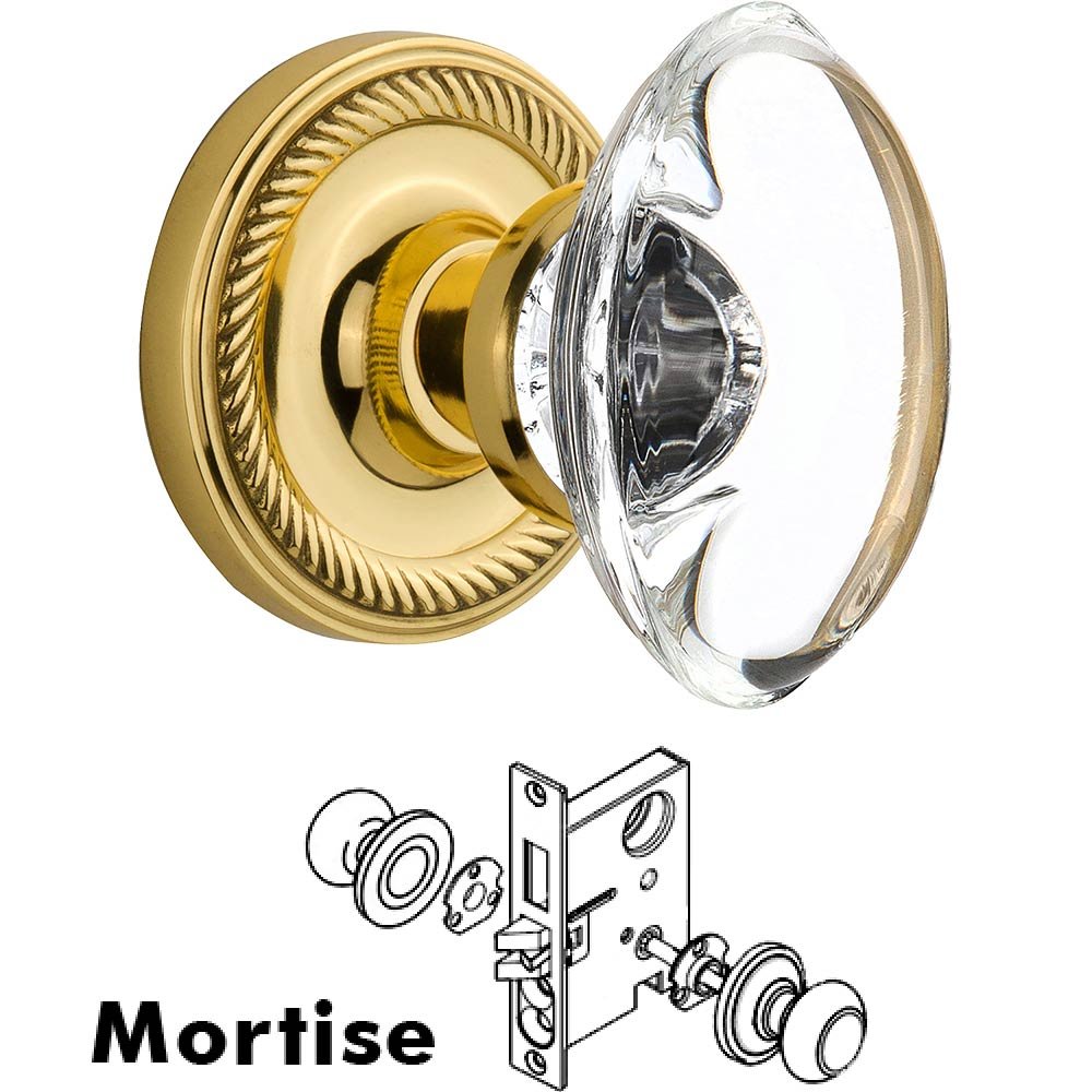 Nostalgic Warehouse Mortise Rope Rosette with Oval Clear Crystal Knob and Keyhole in Unlacquered Brass