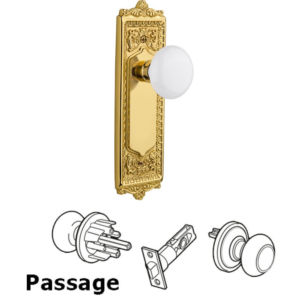 Nostalgic Warehouse Passage Egg and Dart Plate with White Porcelain Knob in Unlacquered Brass