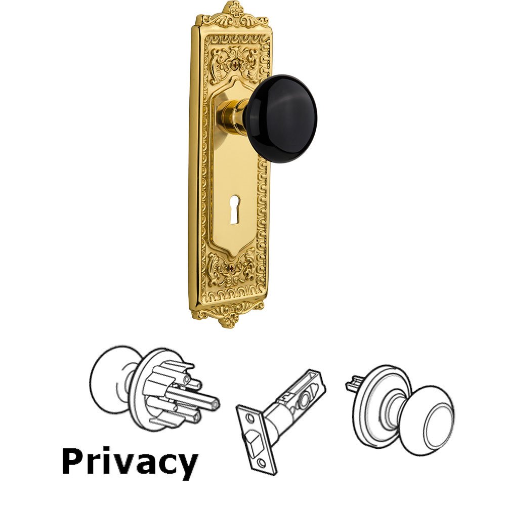 Nostalgic Warehouse Privacy Egg and Dart Plate with Black Porcelain Knob and Keyhole in Unlacquered Brass