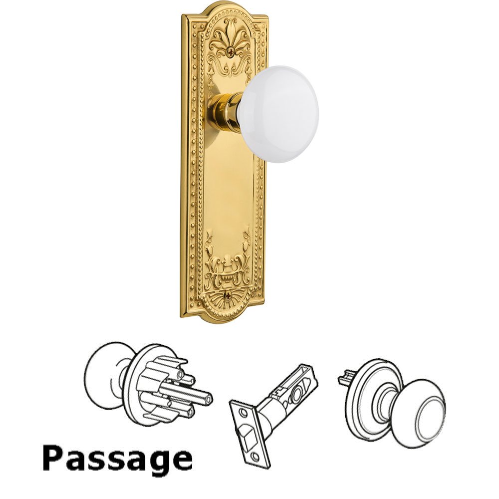 Nostalgic Warehouse Passage Meadows Plate with White Porcelain Door Knob in Unlacquered Brass