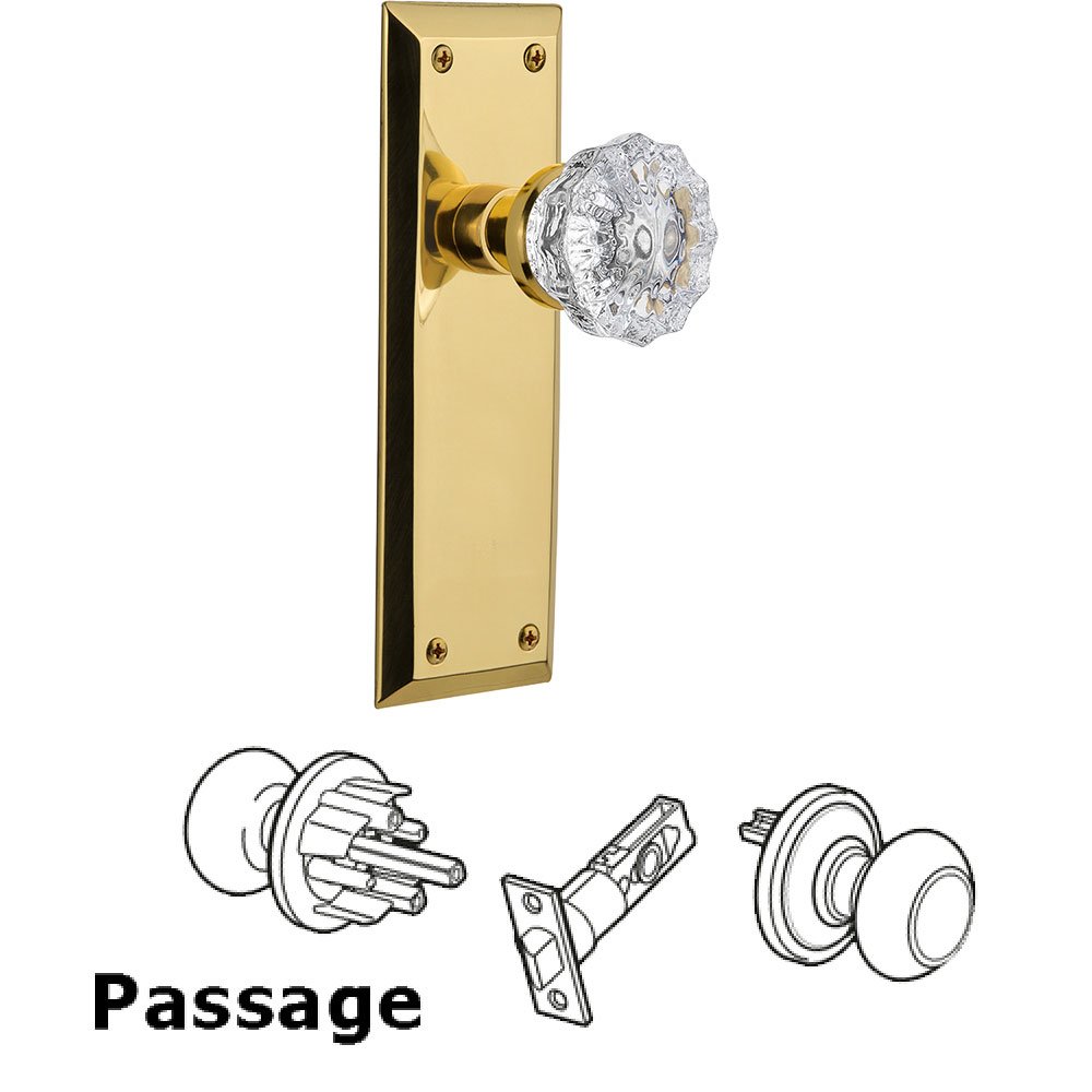 Nostalgic Warehouse Passage New York Plate with Crystal Knob in Unlacquered Brass