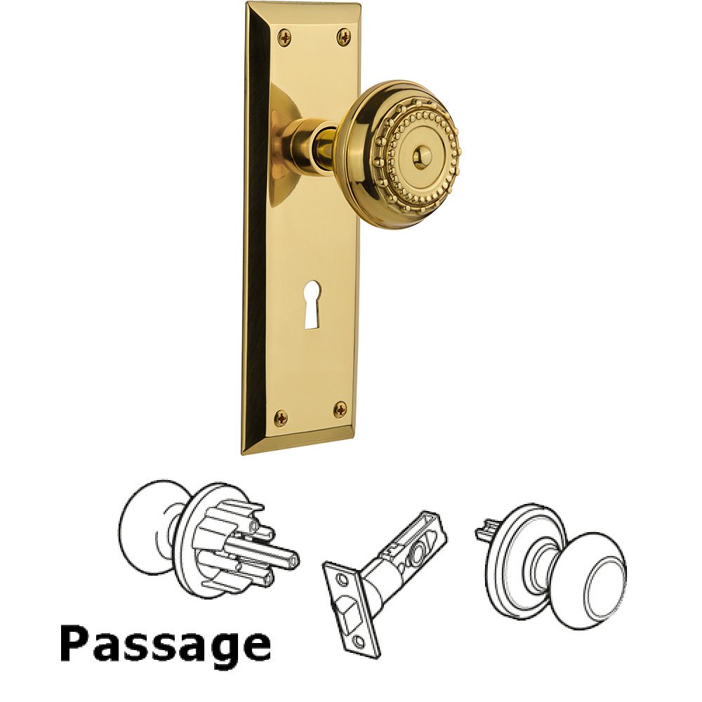 Nostalgic Warehouse Passage New York Plate with Meadows Knob and Keyhole in Unlacquered Brass
