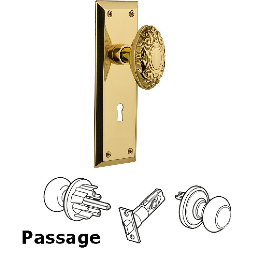 Nostalgic Warehouse Passage New York Plate with Keyhole and Victorian Door Knob in Unlacquered Brass