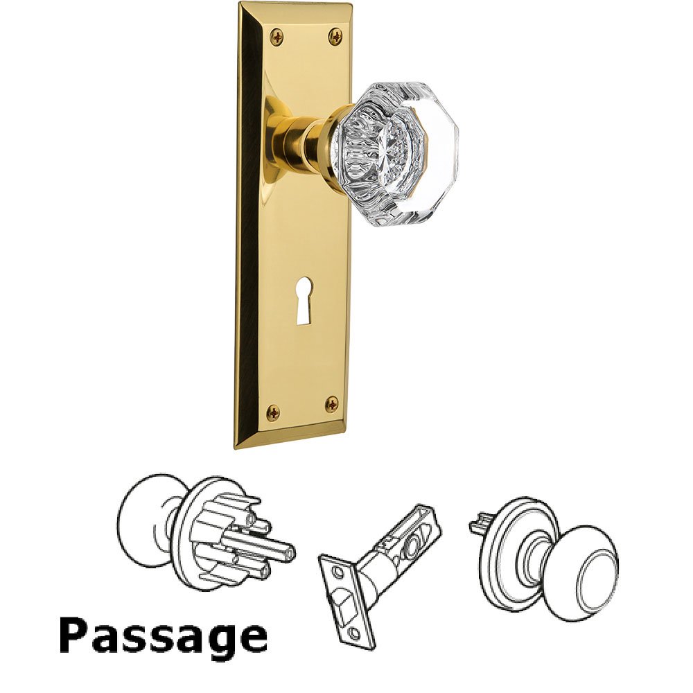 Nostalgic Warehouse Passage New York Plate with Waldorf Knob and Keyhole in Unlacquered Brass