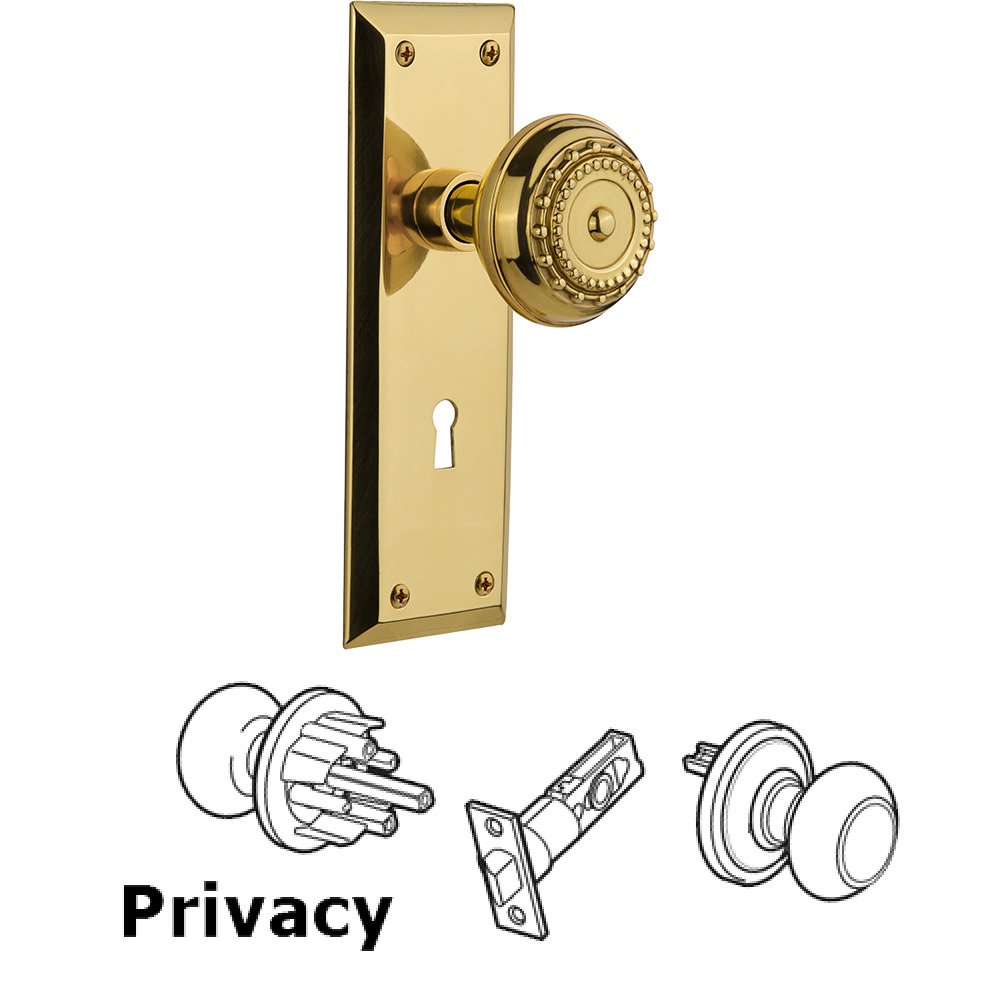 Nostalgic Warehouse Privacy New York Plate with Meadows Knob and Keyhole in Unlacquered Brass