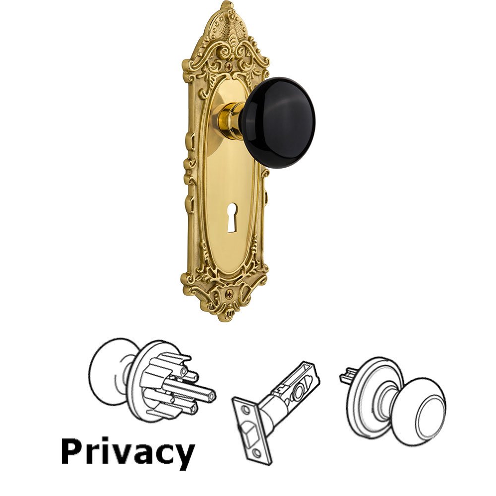 Nostalgic Warehouse Privacy Victorian Plate with Keyhole and Black Porcelain Door Knob in Unlacquered Brass