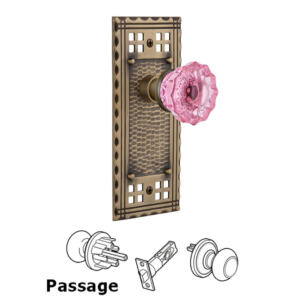Nostalgic Warehouse Passage Craftsman Plate Crystal Pink Glass Door Knob in Antique Brass