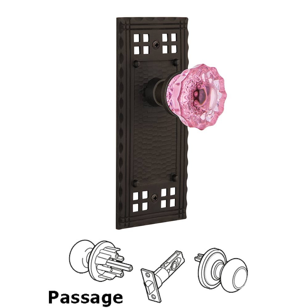 Nostalgic Warehouse Passage Craftsman Plate Crystal Pink Glass Door Knob in Oil Rubbed Bronze