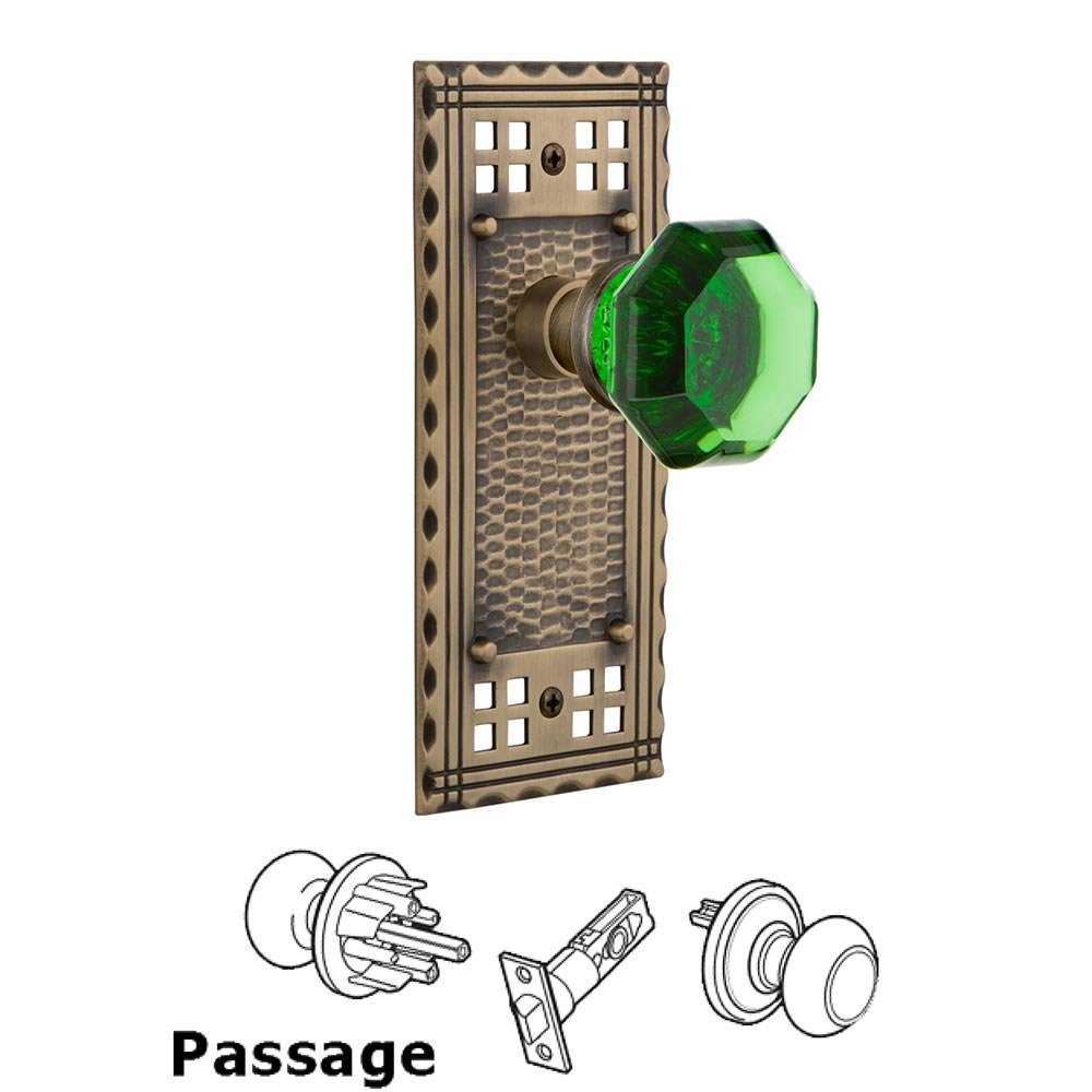 Nostalgic Warehouse Passage Craftsman Plate Waldorf Emerald Door Knob in Antique Brass