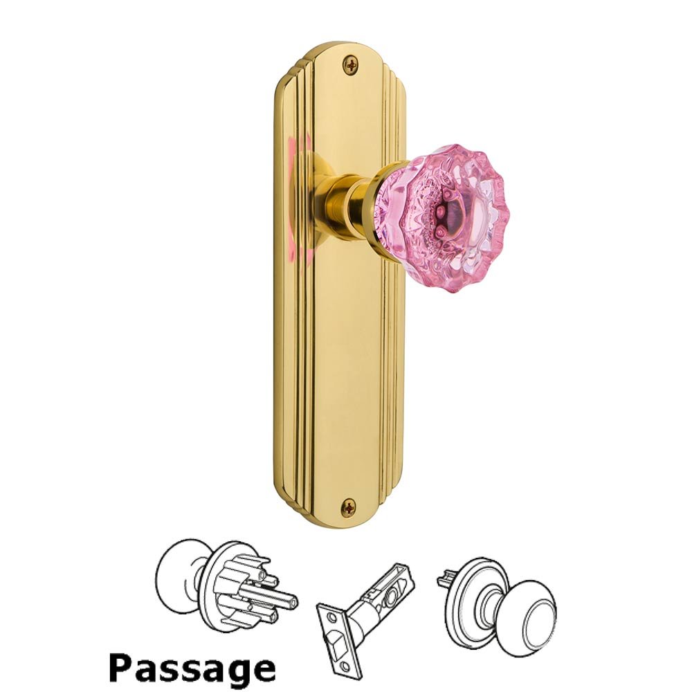 Nostalgic Warehouse Nostalgic Warehouse - Passage - Deco Plate Crystal Pink Glass Door Knob in Polished Brass