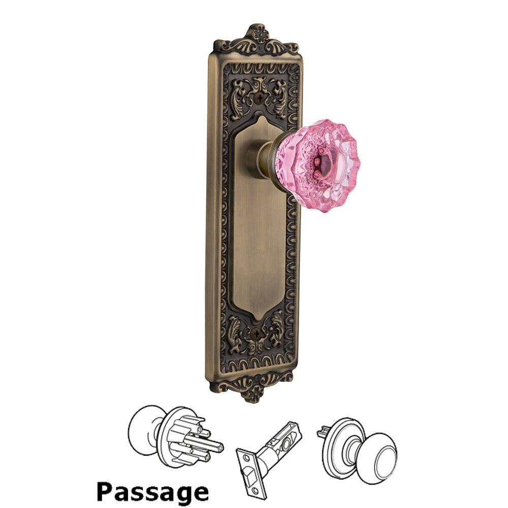 Nostalgic Warehouse Nostalgic Warehouse - Passage - Egg & Dart Plate Crystal Pink Glass Door Knob in Antique Brass